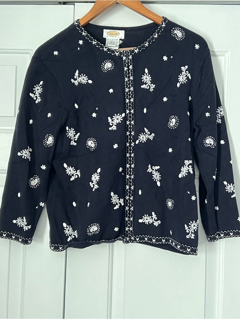Talbots Navy Jacket with White Embroidered Motifs